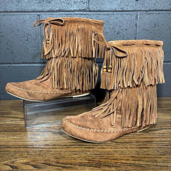 Mossimo Supply Co Fringe Suede Moccasin Boots Women’s 11 Tan Faux Fur Lined - Picture 1 of 8
